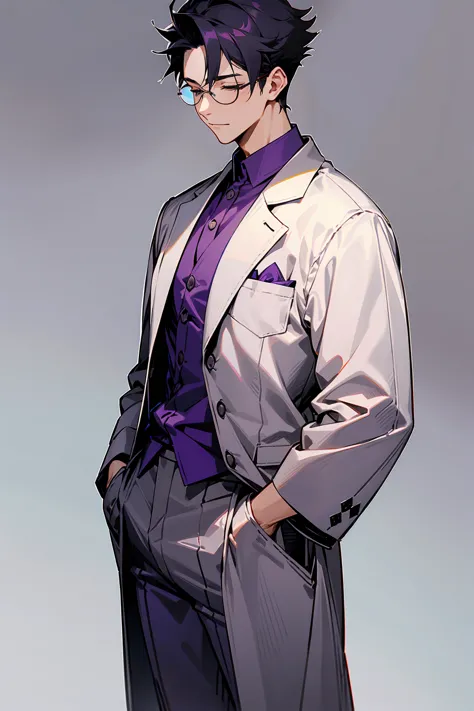 1male, young adult, dark purple, eyes closed, short hair, spikey hair, grey pants, grey lab coat, dojo background, slight smile,...