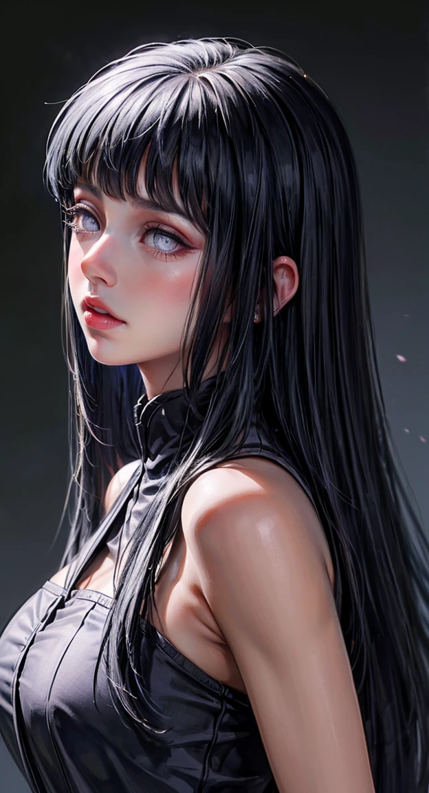 1girl, close up of face, adult, Hinata Hyuga, the last, shy girl, long black hair, blunt bangs, dark hair, Voluminous hair, lavender eyes, no pupils, Lavender Sleeveless Blouse, big breasts, slim waist, masterpiece, best quality, Professional, realistic.