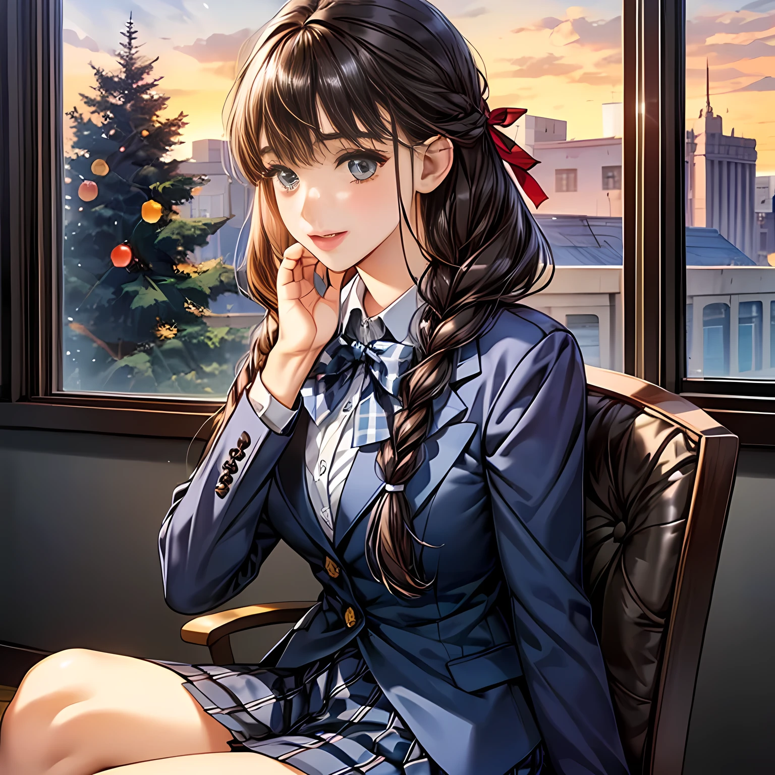 (highest quality, masterpiece:1.2), highest quality, High resolution, 1080p, 8K, Height: 158cm, ((Vivid and high-definition game CG)), ((The game heroine is a very intelligent, very noble, pretty and neat beautiful girl sitting、Turning to the side and showing her best smile)), He tries to hide his shocked mouth with his hands., A face that everyone loves, Glossy lips, Even bangs, Double, Long eyelashes on both the top and bottom, Detailed smiling blue eyes, The pupils are very large, The very large red shiny wide ribbon bowtie is very cute., ((Black Hair)), ((long twin braids)), (((A long, neat, dark navy blue checked pleated skirt))), (((Dark blue winter long sleeve blazer))), How to wear a neat uniform, Extremely lustrous, shiny game heroine lips, Mouth open, Ribbon in hair, Tight waist, slender, The ribbon is big and very pretty., Beautiful hair like a hair model, The background is pure white space, The hair is very shiny and realistic, The skirt is long and very vividly colored, making it photorealistic.