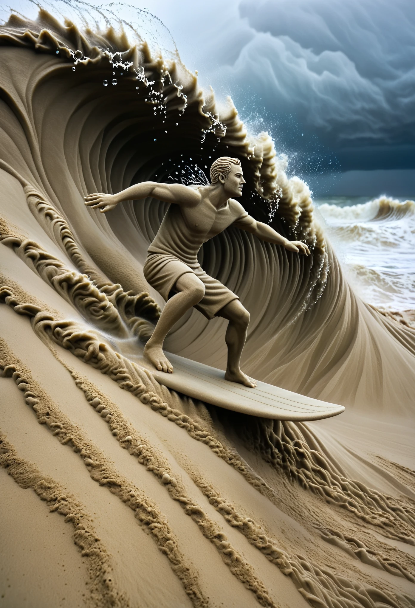 Sand sculpture style,  Surfer conquers huge wave during storm, splash of water，Bubbles swirling in the air.