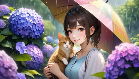 rain,hydrangea park, cute casual clothes, holding an umbrella,holding a cat,blur the background,high school girls,ponytail,smile...