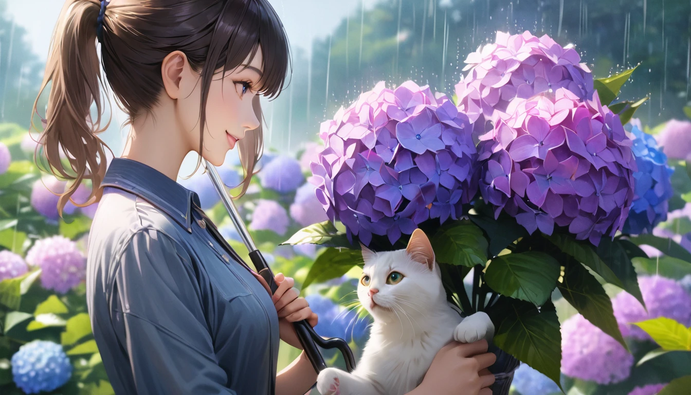 rain,Hydrangea Park, Cute casual clothes, Holding an umbrella,Holding a cat,Blur the background,High school girls,ponytail,smile,Glitter effect,highest quality, 4K, 8k, High resolution, masterpiece:1.2, Very detailed, Realistic:1.37, High resolution, 超High resolution, Ultra-fine painting, Sharp focus, Physically Based Rendering, Very detailedな説明, Professional, Vibrant colors