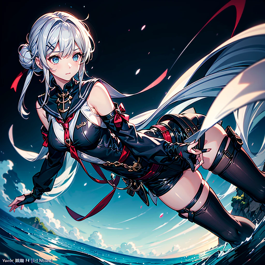 1girl、The best dynamic composition、hbyxcj, scenery、(((最high quality、The best masterpiece、Super detailed、Official Art、The best dynamic composition)))、Anime Style、Dynamic pose、Dynamic composition、whole body,masterpiece, 最high quality, high quality, Very detailed CG uniform 8k wallpaper,  Exposing shoulders,, Black tiara, clavicle, arm written depth, High resolution, bloom, chromatic aberration, Realism, Very detailed, Art Station Complex, High detail, dramatic、Huge⚓、anchor、In a white sailor suit、Light blue line、Sailor、Gray hair and light blue gradient hair color、Sparkling、The glow of the sea is reflected、Disorganized、Fantasy、Fantasy、gloves, long sleeves, shorts, black gloves, hairclip, fingerless gloves, hair bun, black shorts,
