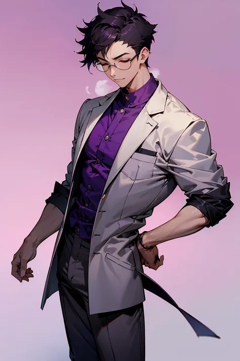 1male, young adult, dark purple, eyes closed, short hair, spikey hair, grey pants, dojo background, slight smile, glasses, stand...