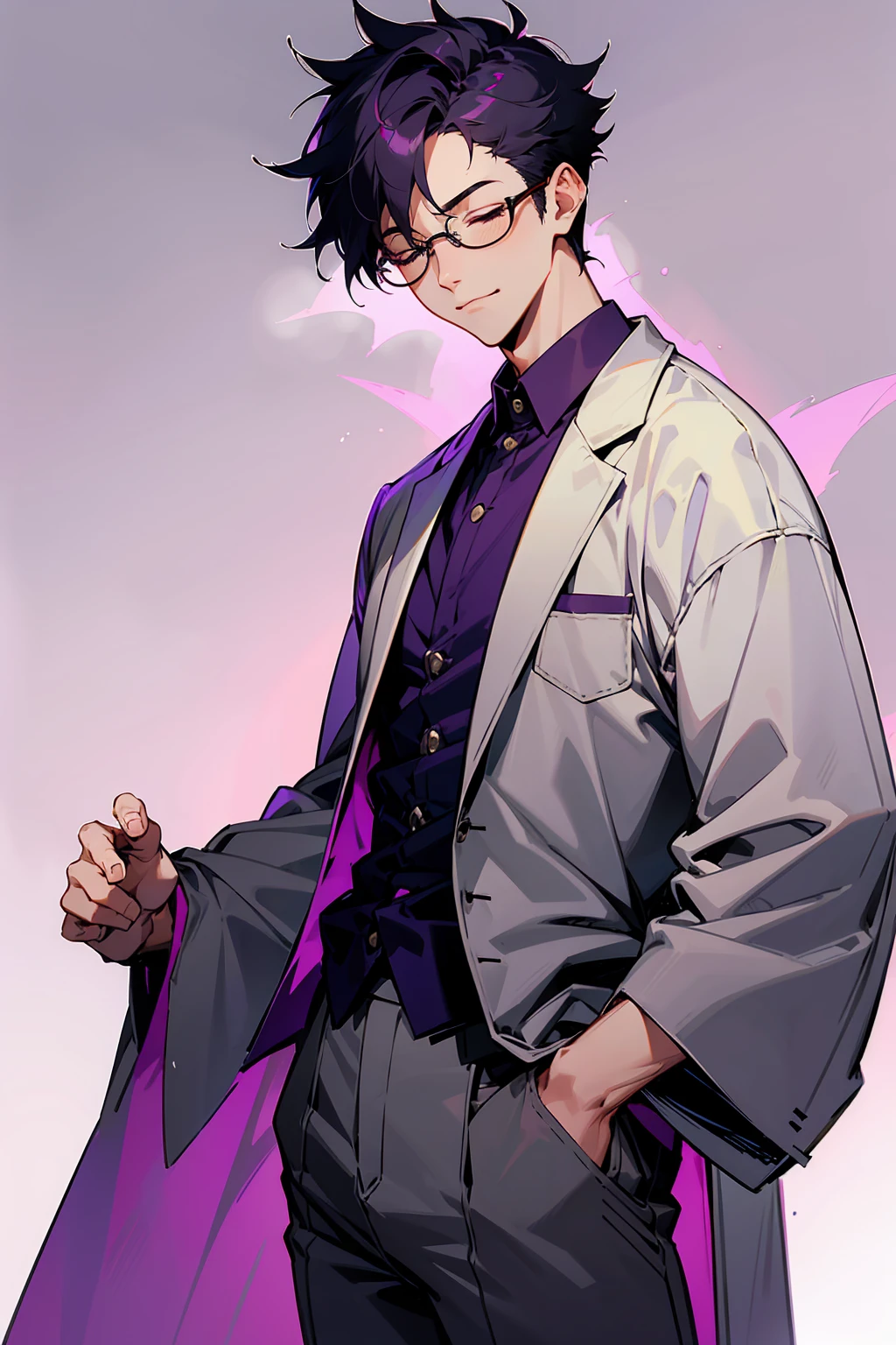 1male, Young Adult, Dark Purple, Eyes Closed, Short Hair, Spikey Hair, Grey Pants, Dojo Background, Slight Smile, Glasses, Standing In City, Detailed background, Dojo Outfit, Lab Coat