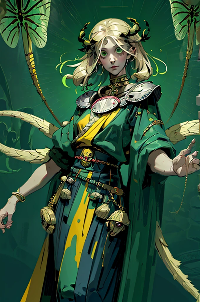 1, girl with arachnid body, (spider abdomen), hairy thin long spider legs, dragonfly wings, moth antenas on head, blonde long hair, green clothes, green eyes, flat chest, hades style, hadesstyle, hades2style, hades 2 style