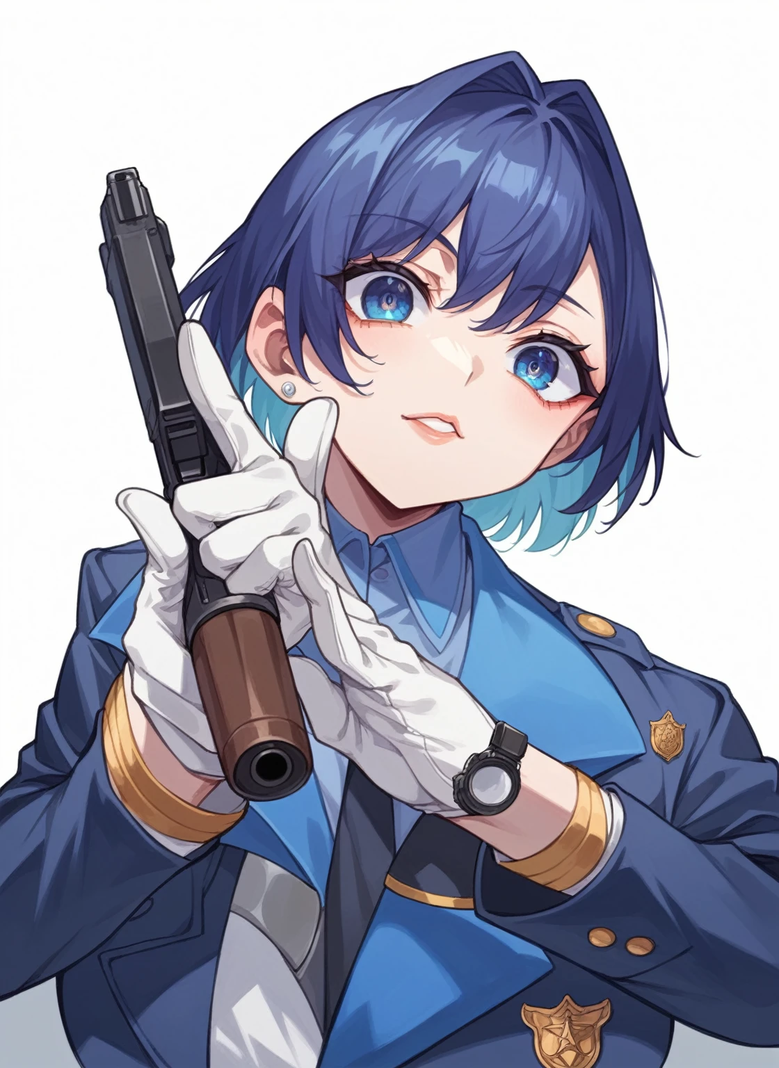 anime tall girl, officer, policewoman, tall girl, holding handgun, serius eyes, with index finger, fine details, short hair, straight hair, White Shirt, blue blazer, thicc, 
shigenori soejima illustration, high quality fanart, portrait n - 9,