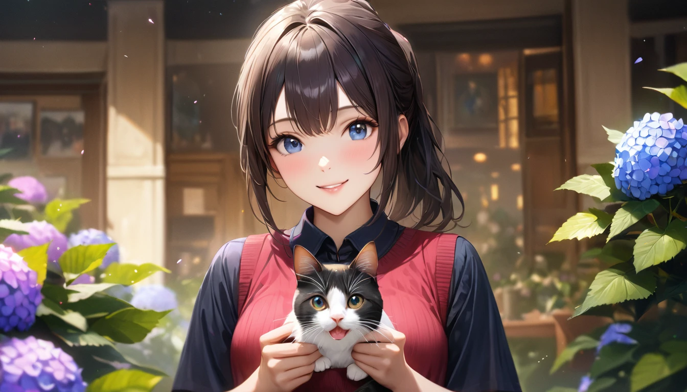 Hydrangea Park, Cute casual clothes,Holding a cat,Blur the background,High school girls,ponytail,smile,Glitter effect,highest quality, 4K, 8k, High resolution, masterpiece:1.2, Very detailed, Realistic:1.37, High resolution, 超High resolution, Ultra-fine painting, Sharp focus, Physically Based Rendering, Very detailedな説明, Professional, Vibrant colors