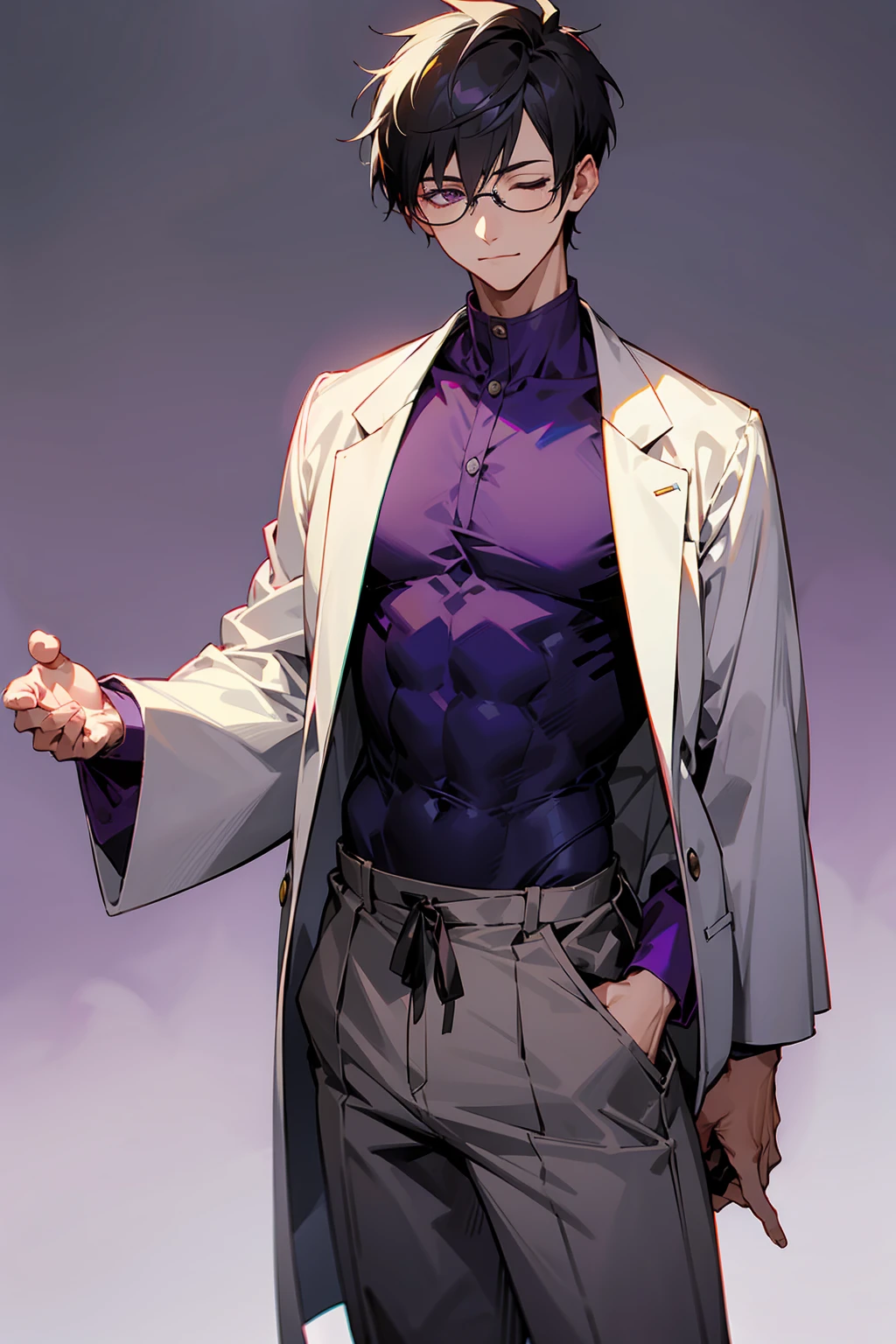 1male, Young Adult, Dark Purple, Eyes Closed, Short Hair, Spikey Hair, Grey Pants, Dojo Background, Slight Smile, Glasses, Standing In City, Detailed background, Dojo Outfit, Lab Coat\