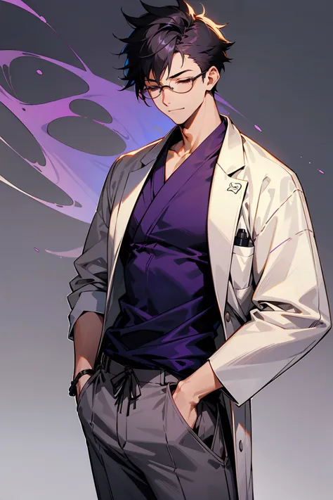 1male, young adult, dark purple, eyes closed, short hair, spikey hair, grey pants, dojo background, slight smile, glasses, stand...