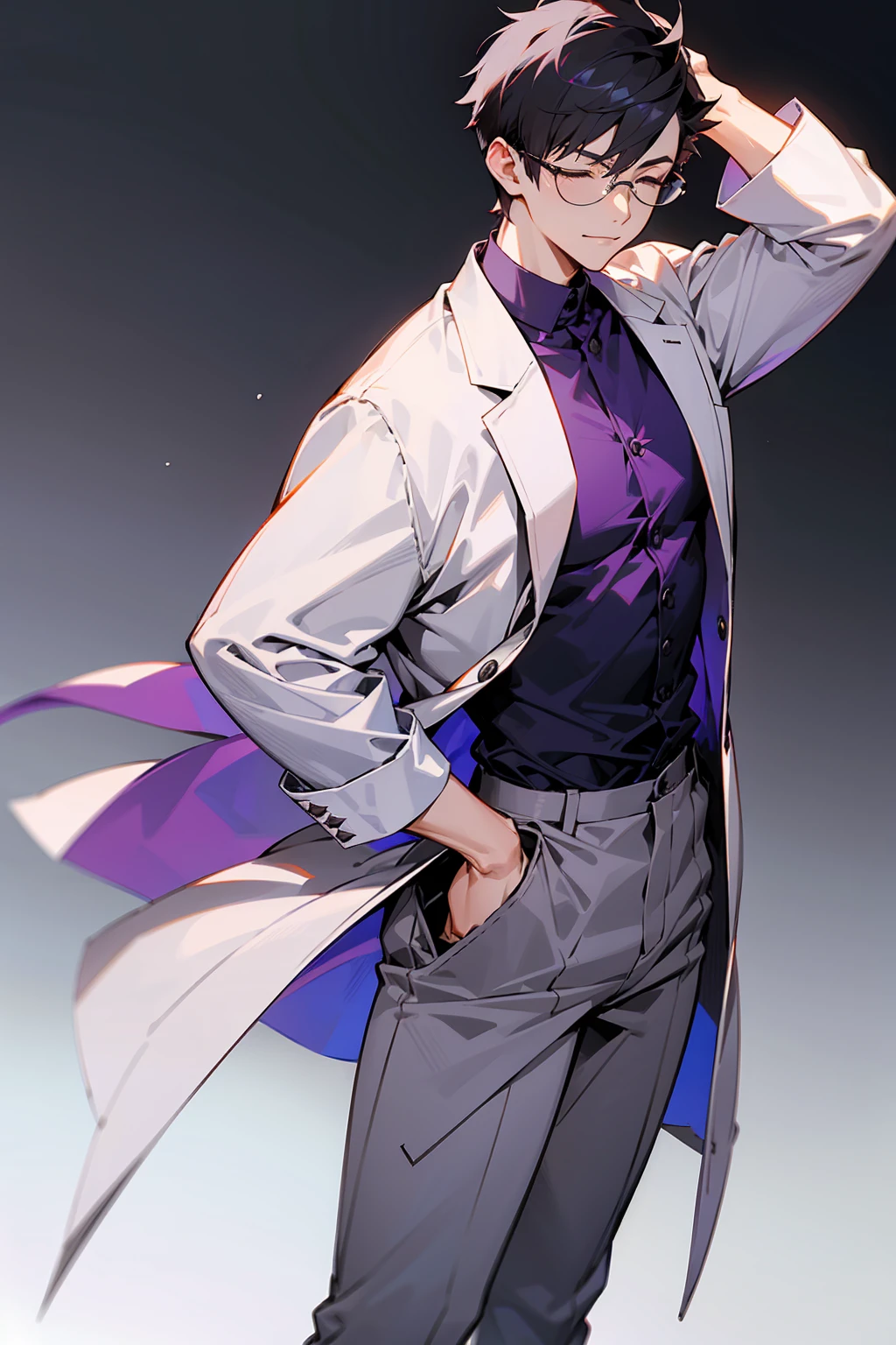 1male, Young Adult, Dark Purple, Eyes Closed, Short Hair, Spikey Hair, Grey Pants, Dojo Background, Slight Smile, Glasses, Standing In City, Detailed background, Dojo Outfit, Lab Coat\