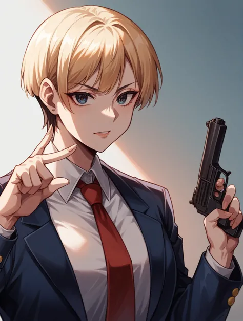 anime tall girl, officer, policewoman, tall girl, holding handgun, serius eyes, with index finger, fine details, short hair, str...