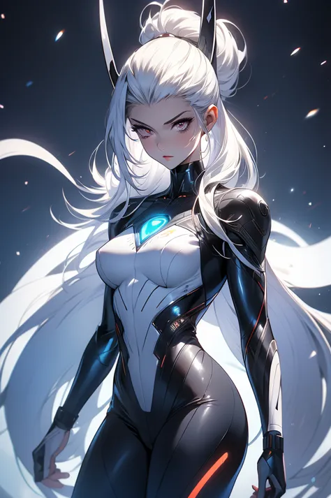 (best quality), masterpiece, NSFW, ecchi, anime, 1girl, female, silver, (grey skin), long straight white hair, unique silver eye...