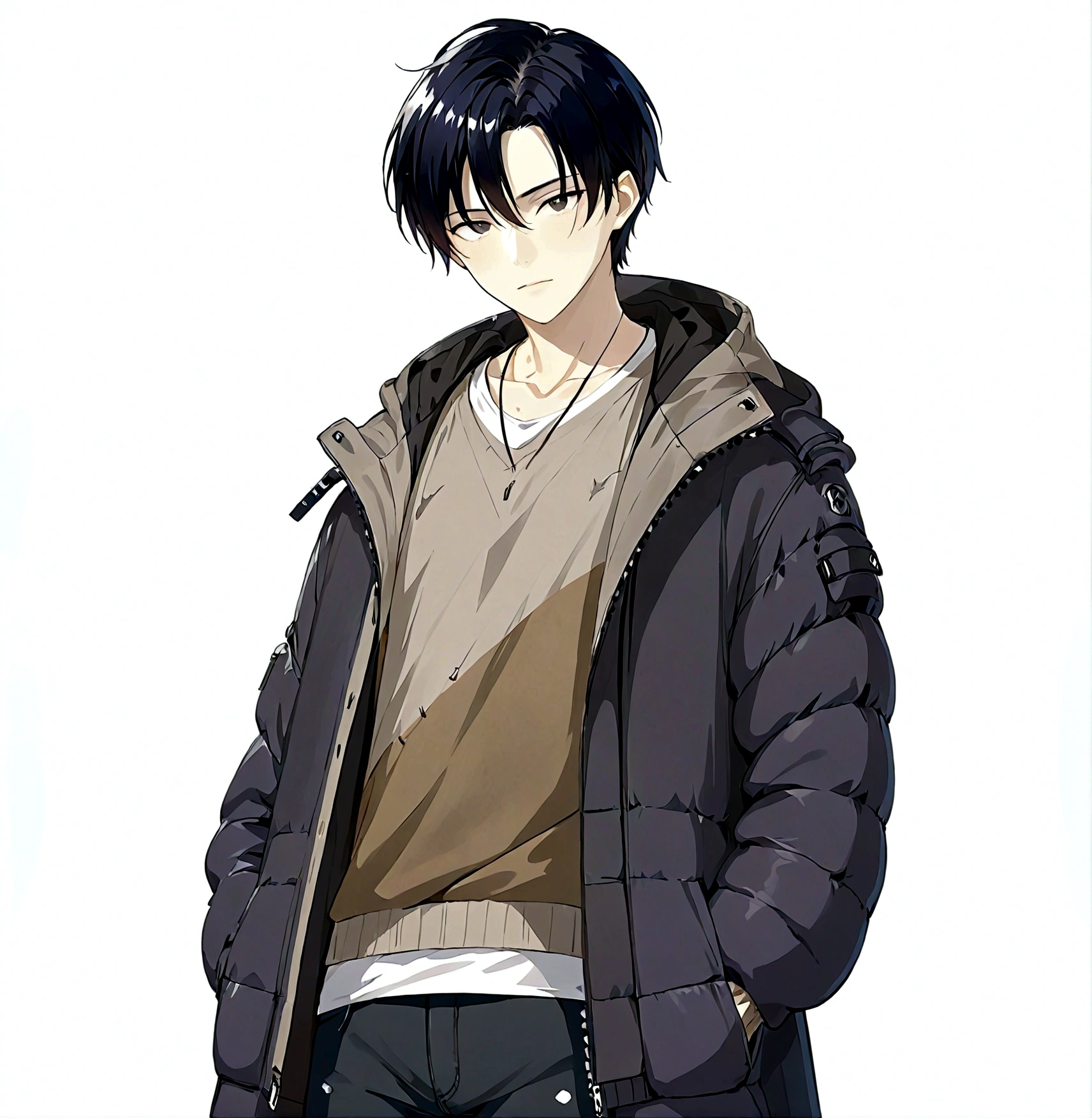 1boy，Black eyes，black hair，White shirt，Cardigan，Black down jacket，hood，hood羽绒，Male focus，solo，Upper Body