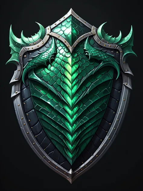 Pixel Art, Cartoon illustration, Dragon Scale Shield, Emerald Color, Simple black background, Game Icon 