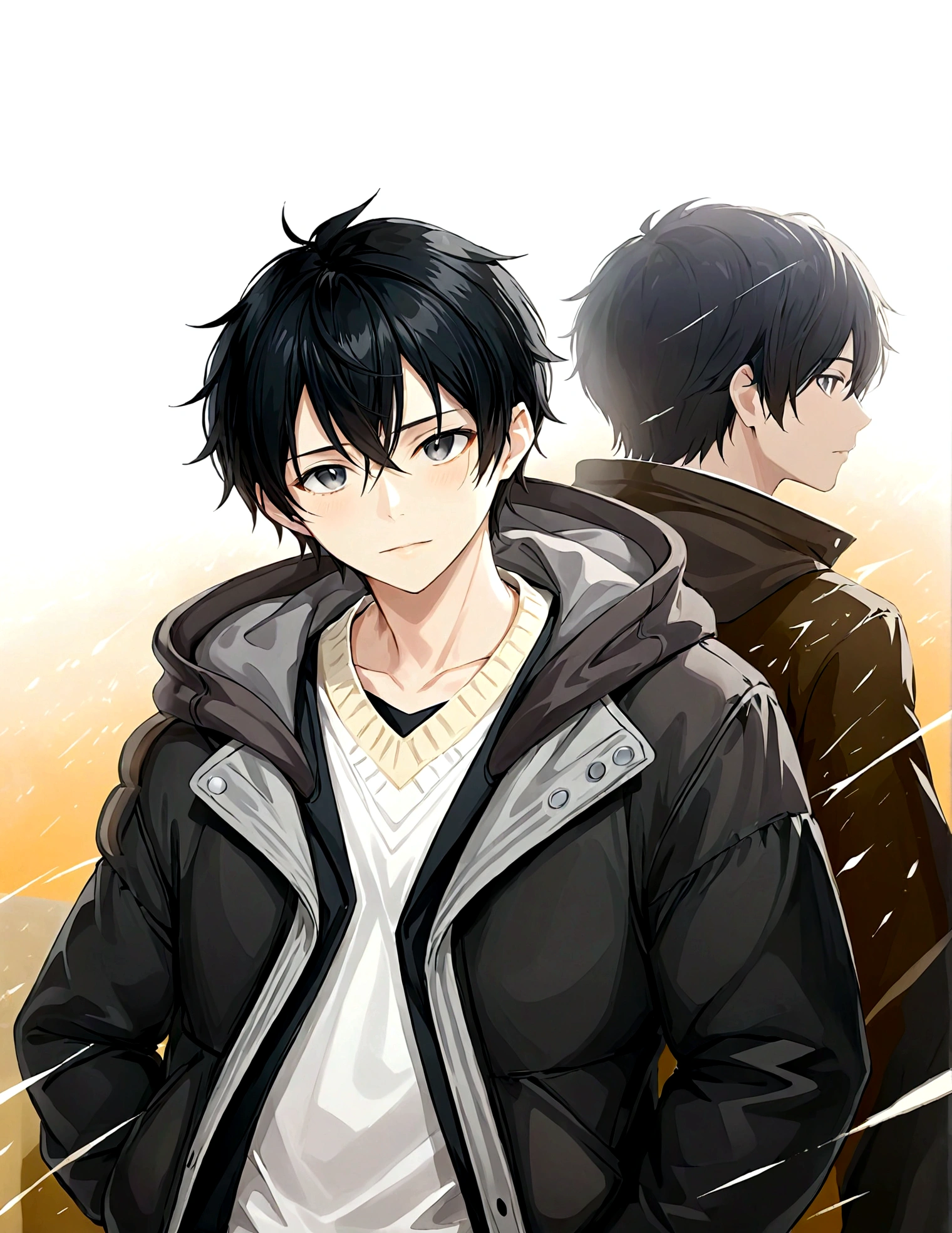 1boy，Black eyes，black hair，White shirt，Cardigan，Black down jacket，hood，hood羽绒，Male focus，solo，Upper Body