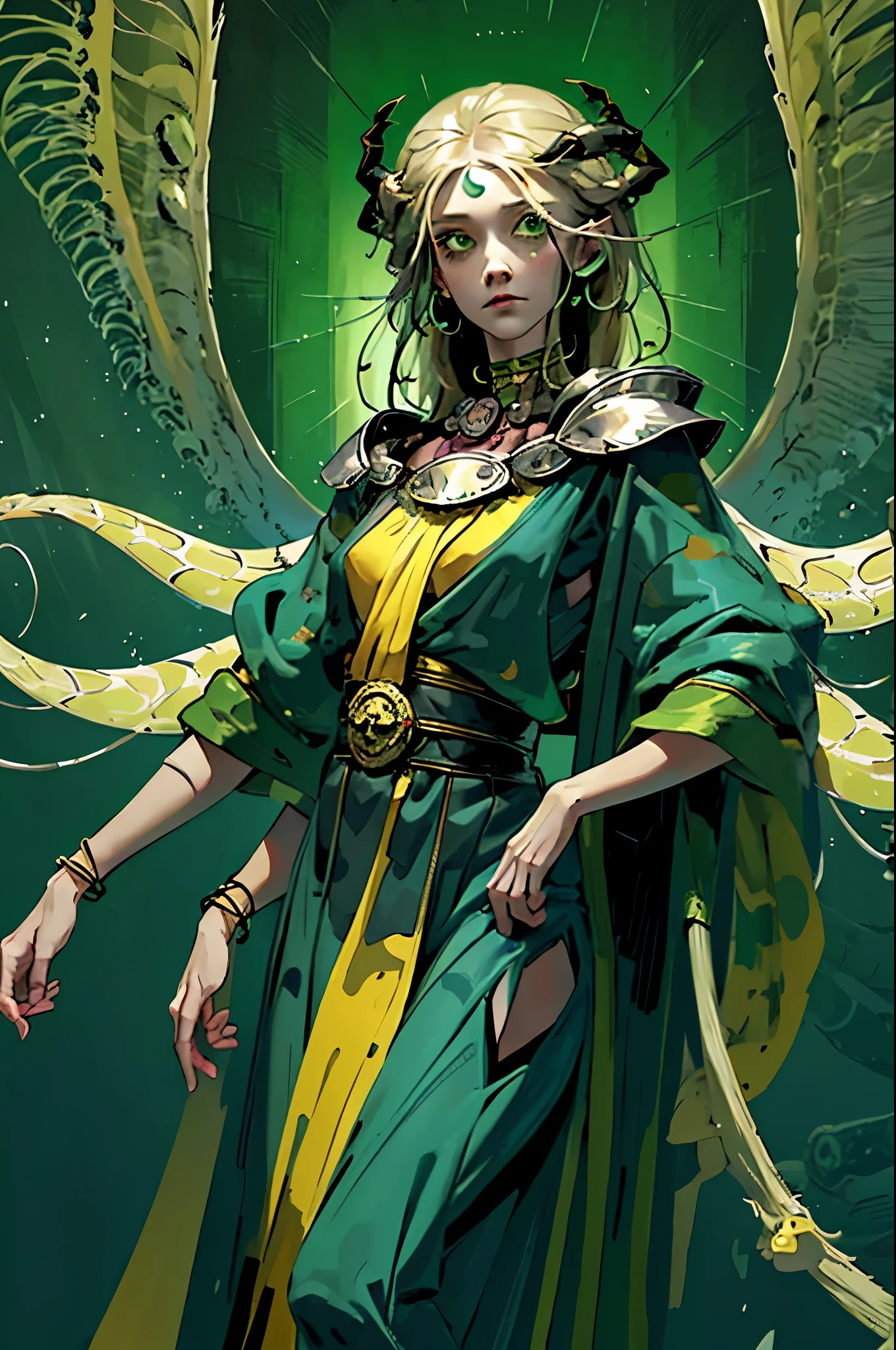 1, girl with arachnid body, (spider abdomen), hairy thin long spider legs, dragonfly wings, moth antenas on head, blonde long hair, green clothes, green eyes, flat chest, hades style, hadesstyle, hades2style, hades 2 style