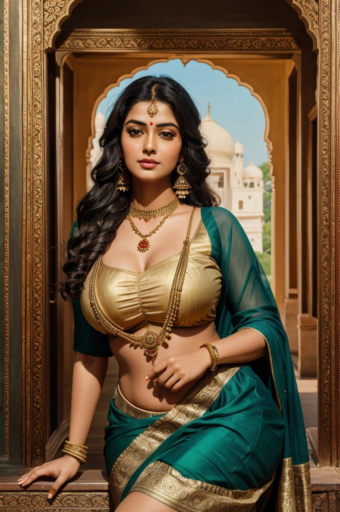 rompts Copy Belle peinture d&#39;une femme en sari avec un collier et des boucles d&#39;oreilles, belle silhouette épaisse, Beauté épaisse et courbée, On dirait Sandeepa Dhar, inspired par Raja Ravi Varma, Szukalski ravi varma, portrait d&#39;une belle déesse, par Raja Ravi Varma, déesse indienne, beauté traditionnelle, a stunning portrait d&#39;une déesse, inspiré par T. K. Padmini, art indien, déesse indienne of wealth, portrait d&#39;une déesse