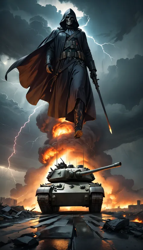 a post-apocalyptic landscape, a person on a hill overlooking a burning city in a thunderstorm, the grim reaper riding a tank des...