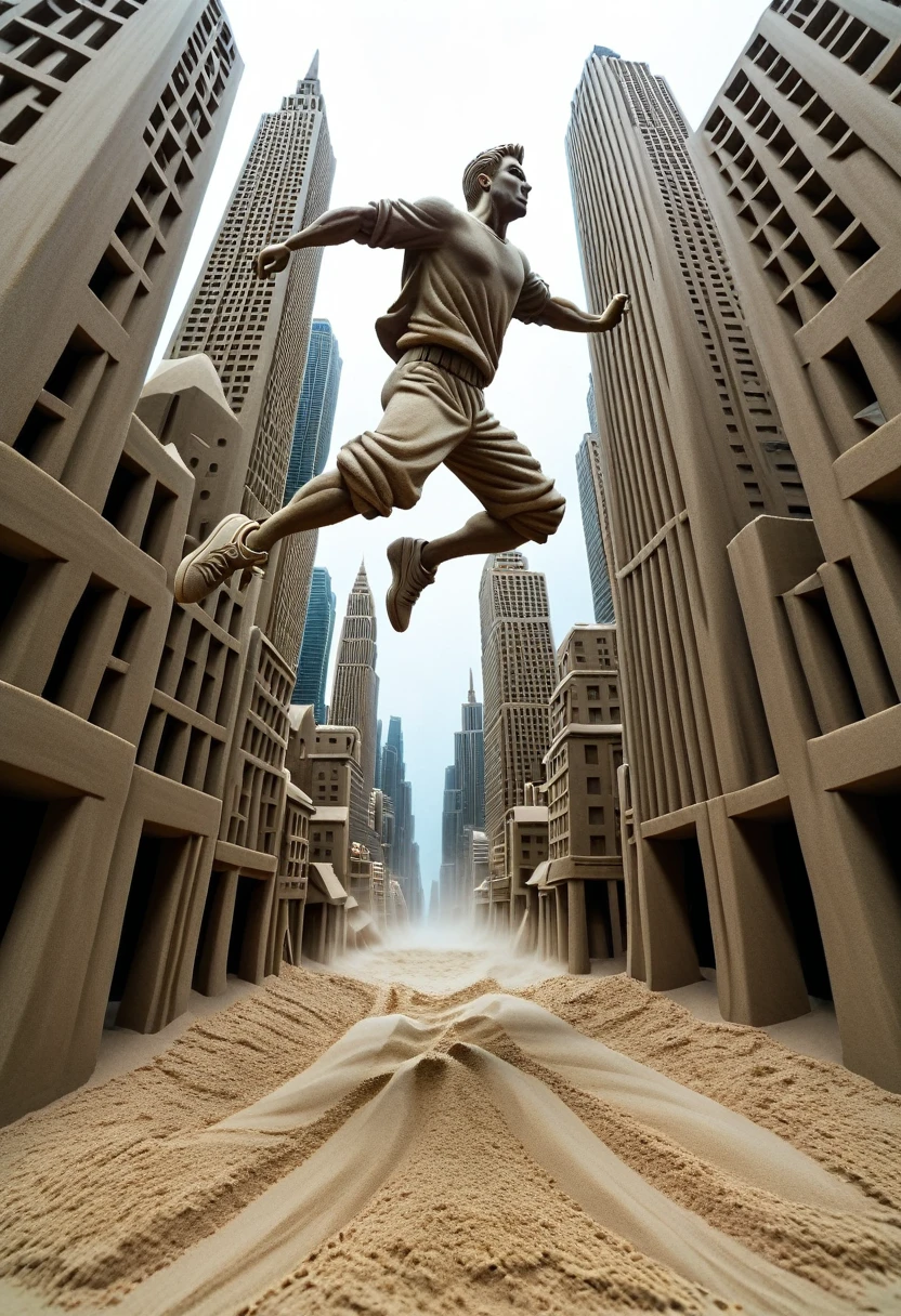 Sand sculpture style,  Hero jumping between cities，color，High-rise buildings，Strong sense of déjà vu