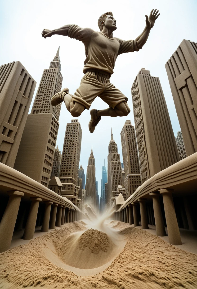 Sand sculpture style,  Hero jumping between cities，color，High-rise buildings，Strong sense of déjà vu