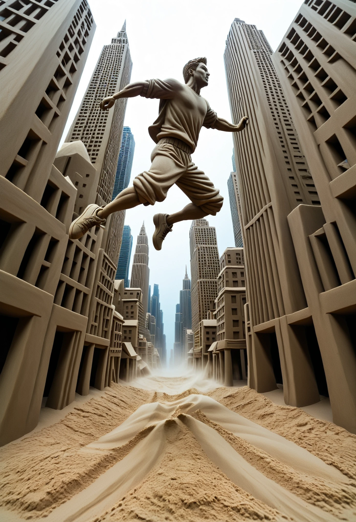 Sand sculpture style,  Hero jumping between cities，color，High-rise buildings，Strong sense of déjà vu