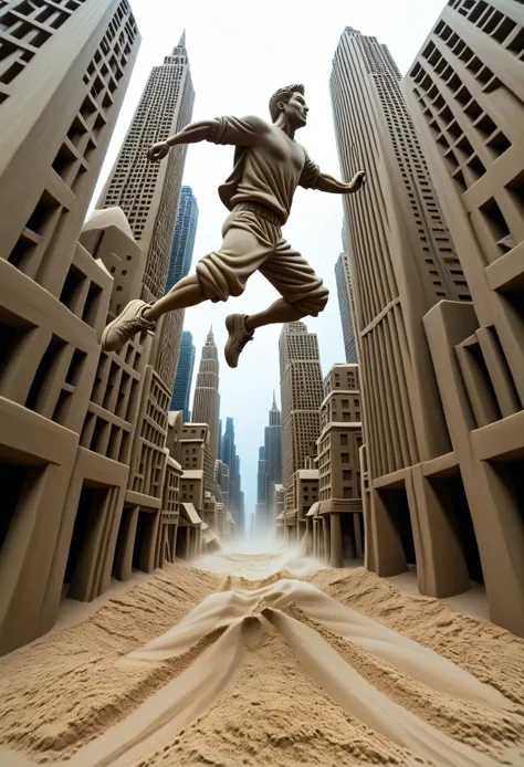 sand sculpture style,  hero jumping between cities，color，high-rise buildings，strong sense of déjà vu