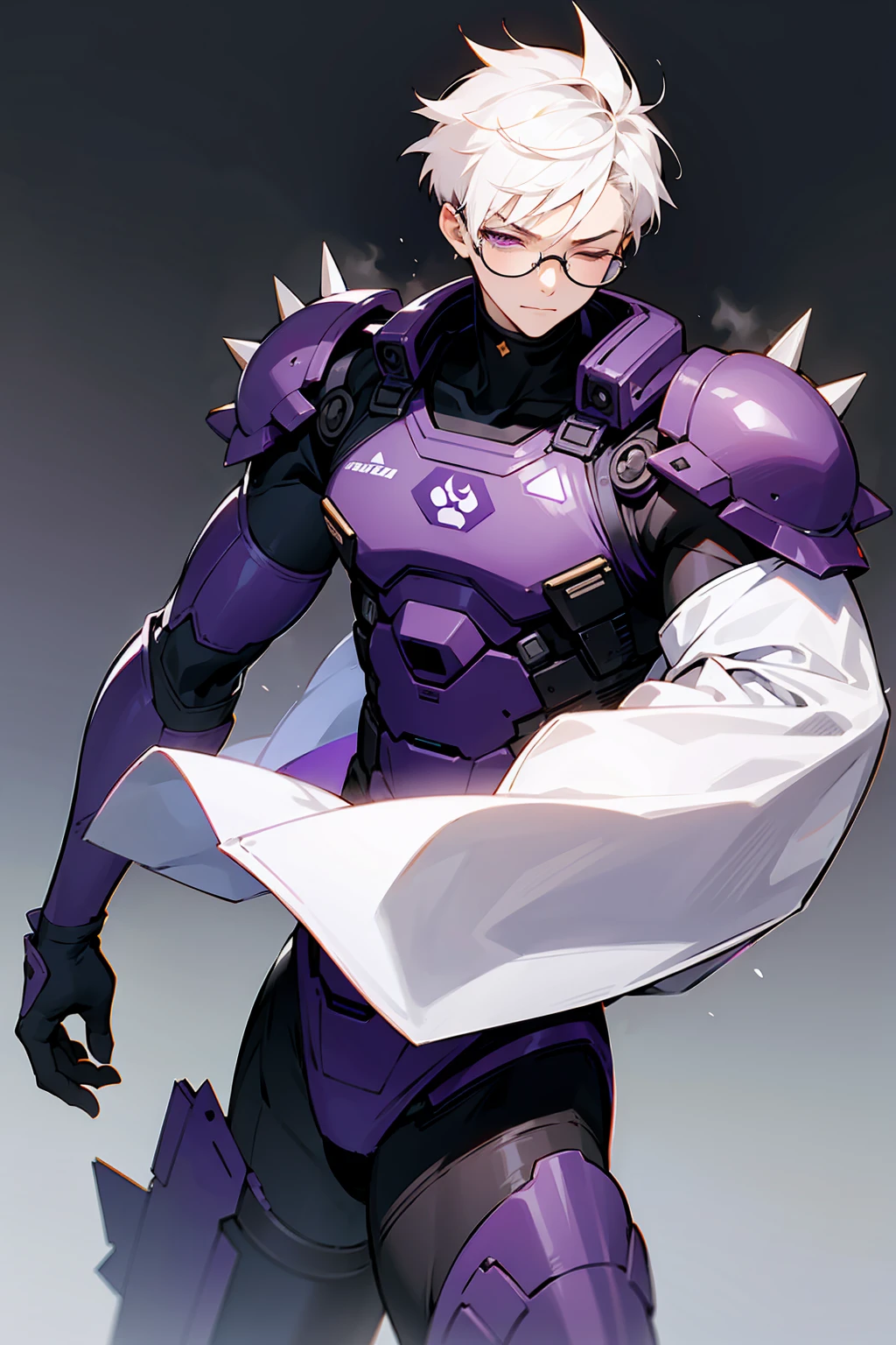 1male, Young Adult, Dark Purple, Eyes Closed, Short Hair, Spikey Hair, Dojo Background, Slight Smile, Glasses, Standing In City, Detailed background, Black and White Combat Suit