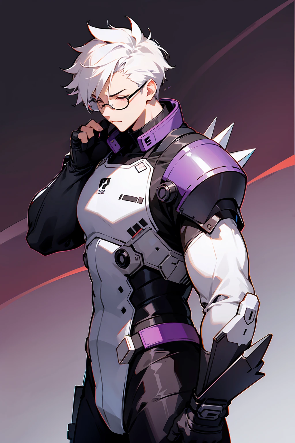 1male, Young Adult, Dark Purple, Eyes Closed, Short Hair, Spikey Hair, Dojo Background, Slight Smile, Glasses, Standing In City, Detailed background, Black and White Combat Suit