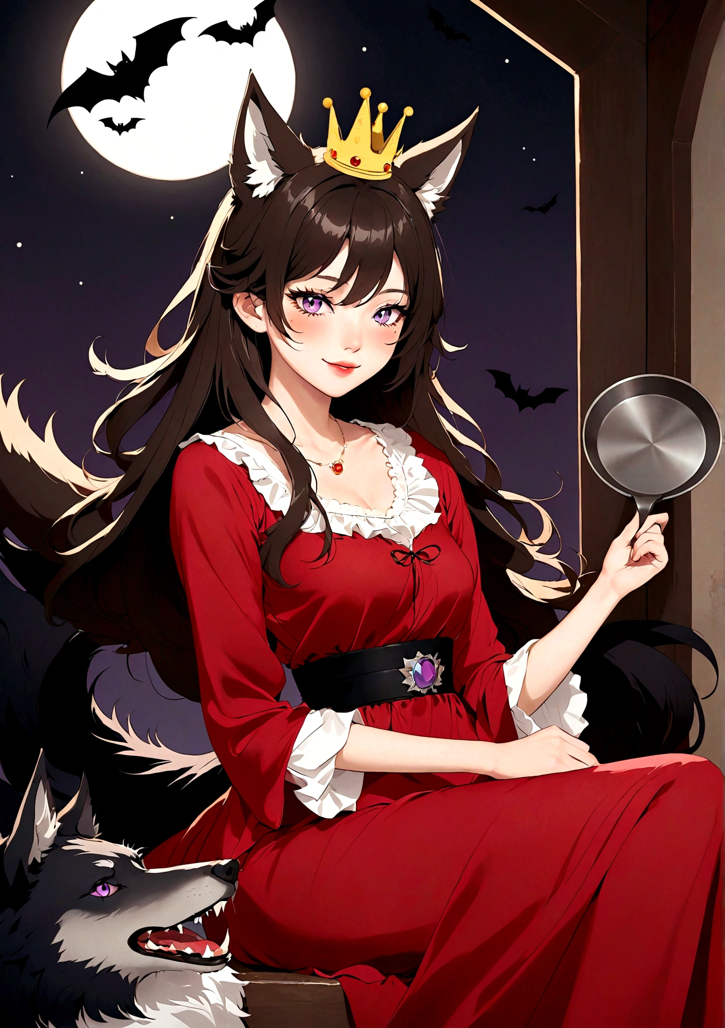 Vector，flat，Simple and smooth lines，A beautiful illustration：Big Bad Wolf:1.37.frying pan:1.37 Beautiful girl sitting elegantly，(((She has a beauty spot:1.37)))，Purple Eyes，Delicate lashes，Smile，Smooth skin，Long black hair，Wolf ears， Small Crown，Gorgeous red dress，温顺的Big Bad Wolf。Correct human anatomy，moonlight，bat