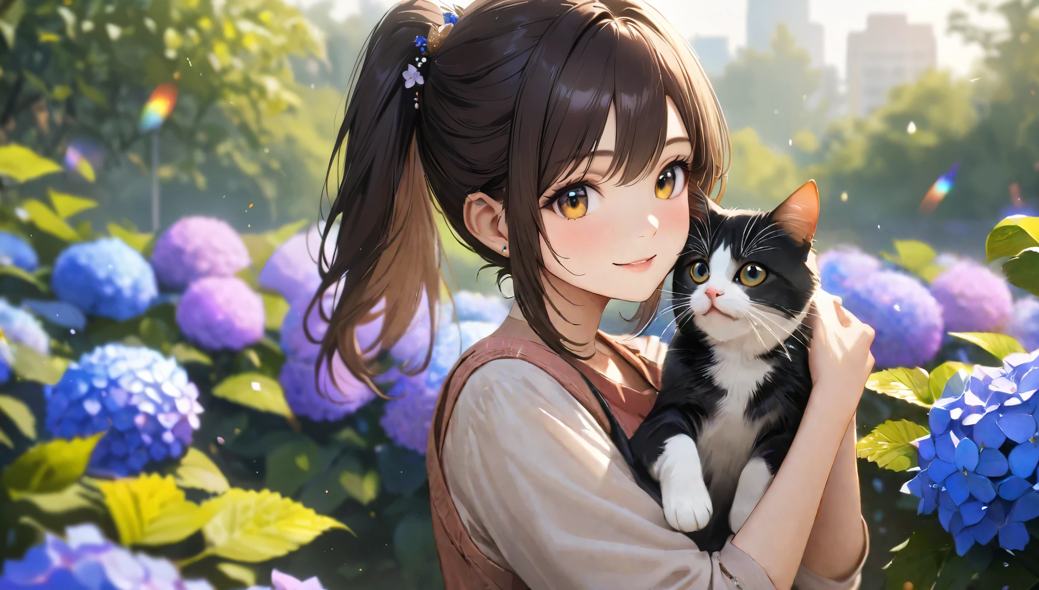 Hydrangea Park, Cute casual clothes,Holding a cat,Blur the background,High school girls,ponytail,smile,Glitter effect,highest quality, 4K, 8k, High resolution, masterpiece:1.2, Very detailed, Realistic:1.37, High resolution, 超High resolution, Ultra-fine painting, Sharp focus, Physically Based Rendering, Very detailedな説明, Professional, Vibrant colors