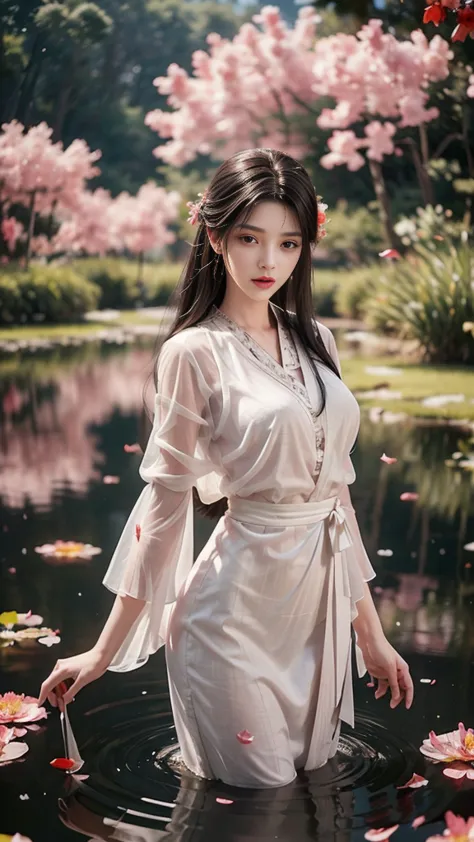 a girl with long black hair, cascading shoulders, standing in a pond, exposed in a white coarse mesh, transparent chiffon, barel...