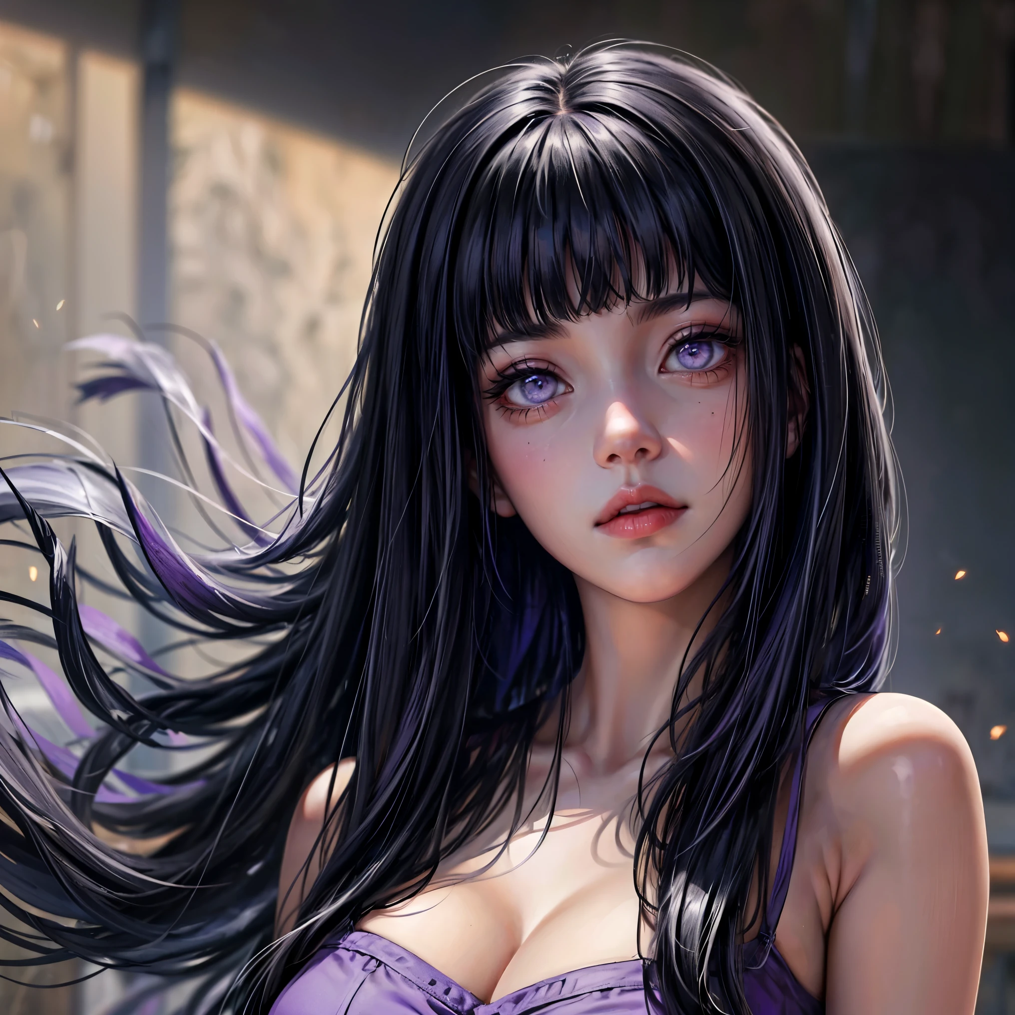 1girl, close up of face, adult, Hinata Hyuga, the last, shy girl, long black hair, blunt bangs, dark hair, Voluminous hair, lavender eyes, no pupils, Lavender Sleeveless Blouse, big breasts, slim waist, masterpiece, best quality, Professional, realistic.