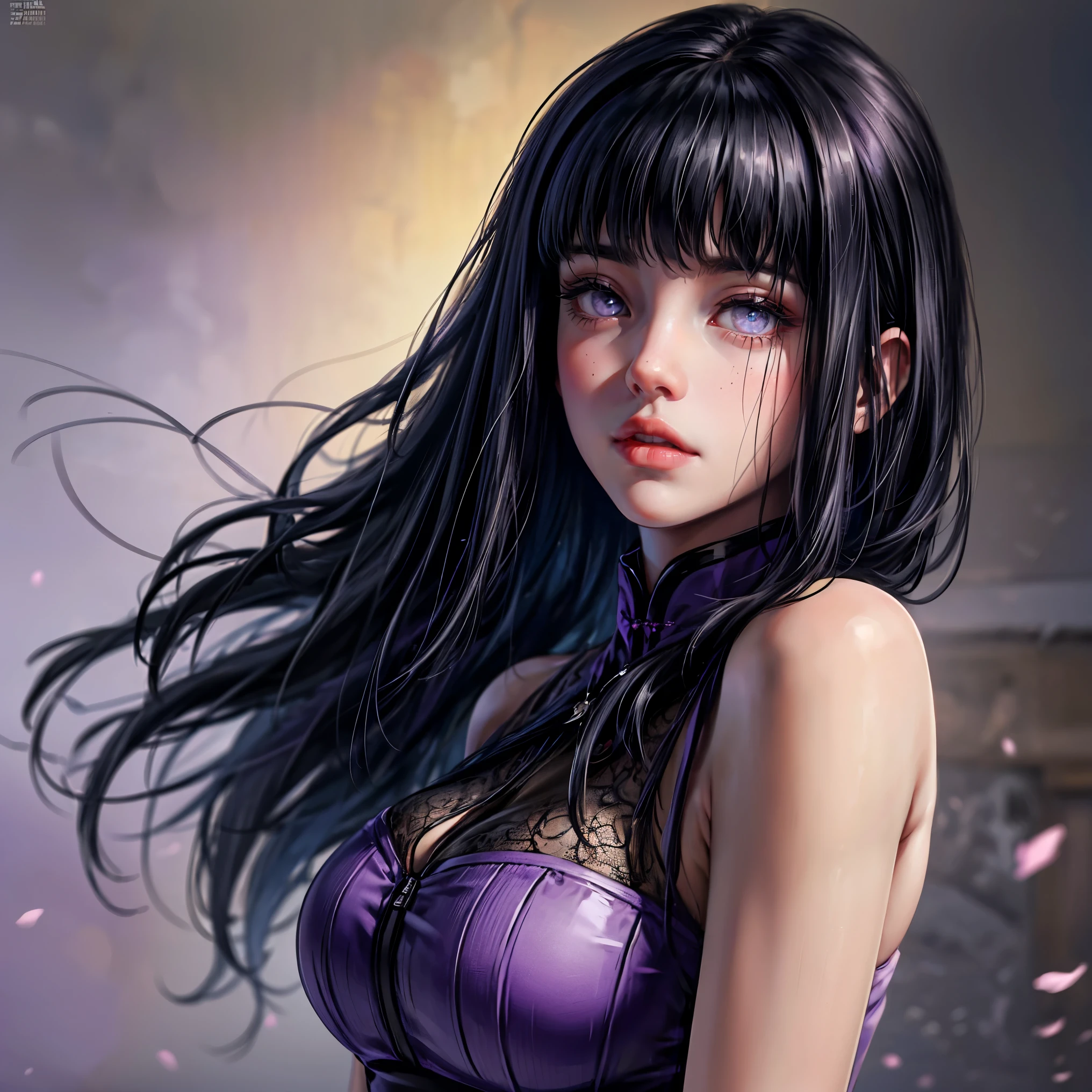 1girl, close up of face, adult, Hinata Hyuga, the last, shy girl, long black hair, blunt bangs, dark hair, Voluminous hair, lavender eyes, no pupils, Lavender Sleeveless Blouse, big breasts, slim waist, masterpiece, best quality, Professional, realistic.