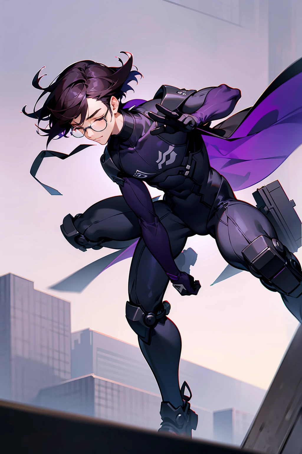 1male, Young Adult, Dark Violet Hair, Eyes Closed, Short Hair, Dojo Background, Slight Smile, Glasses, Standing In City, Detailed background, Black and White Combat Suit