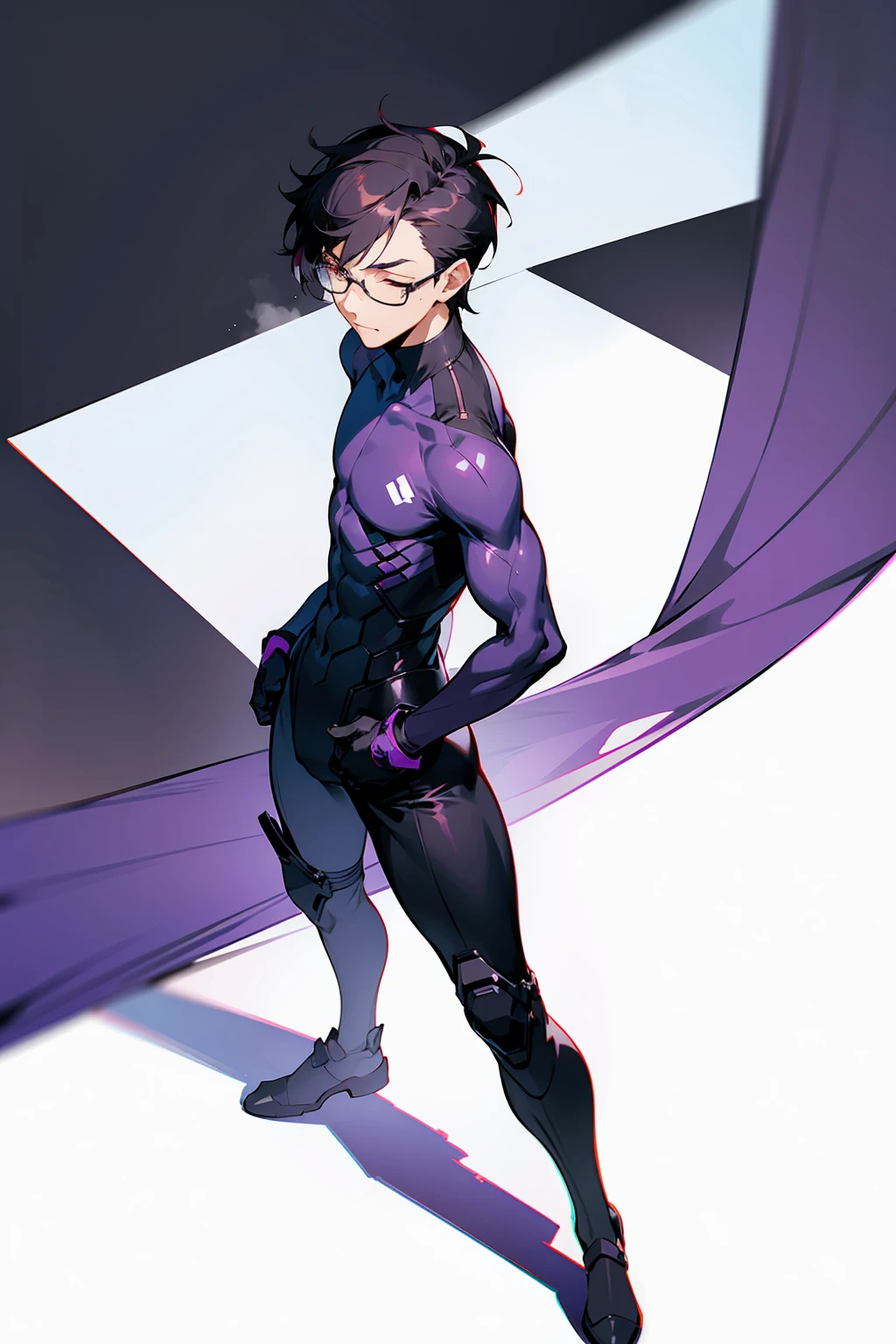 1male, Young Adult, Dark Violet Hair, Eyes Closed, Short Hair, Dojo Background, Slight Smile, Glasses, Standing In City, Detailed background, Black and White Combat Suit