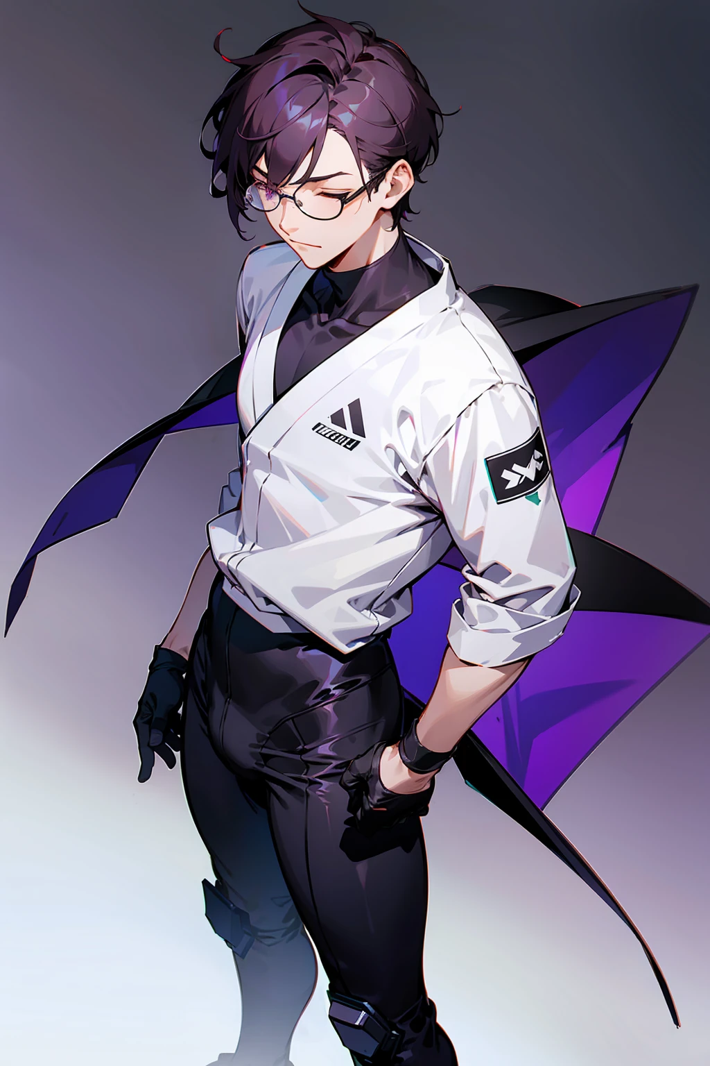 1male, Young Adult, Dark Violet Hair, Eyes Closed, Short Hair, Dojo Background, Slight Smile, Glasses, Standing In City, Detailed background, Black and White Combat Suit