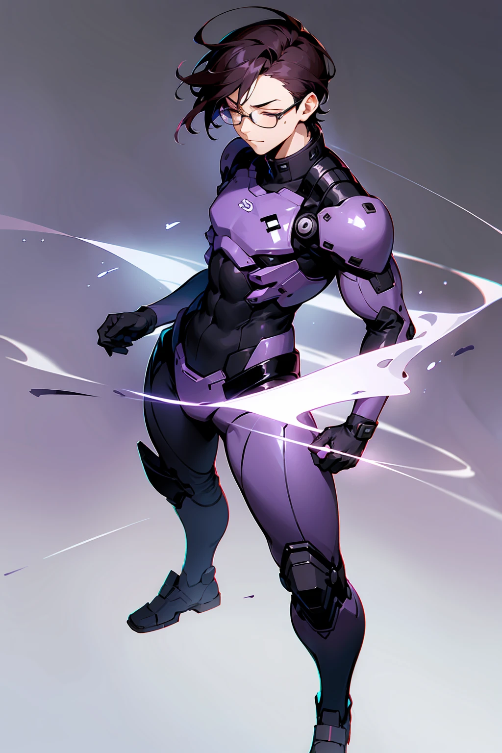 1male, Young Adult, Dark Violet Hair, Eyes Closed, Short Hair, Dojo Background, Slight Smile, Glasses, Standing In City, Detailed background, Black and White Combat Suit