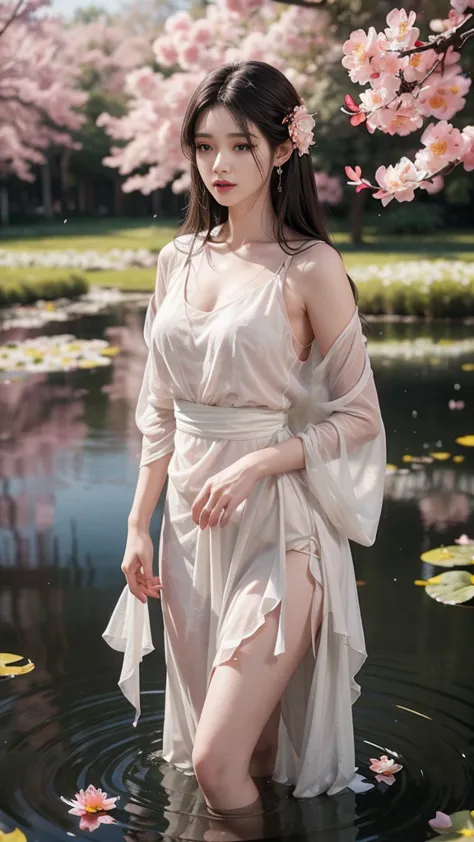 A girl with long black hair, cascading shoulders, standing in a pond, exposed in a white coarse mesh, transparent chiffon, barel...