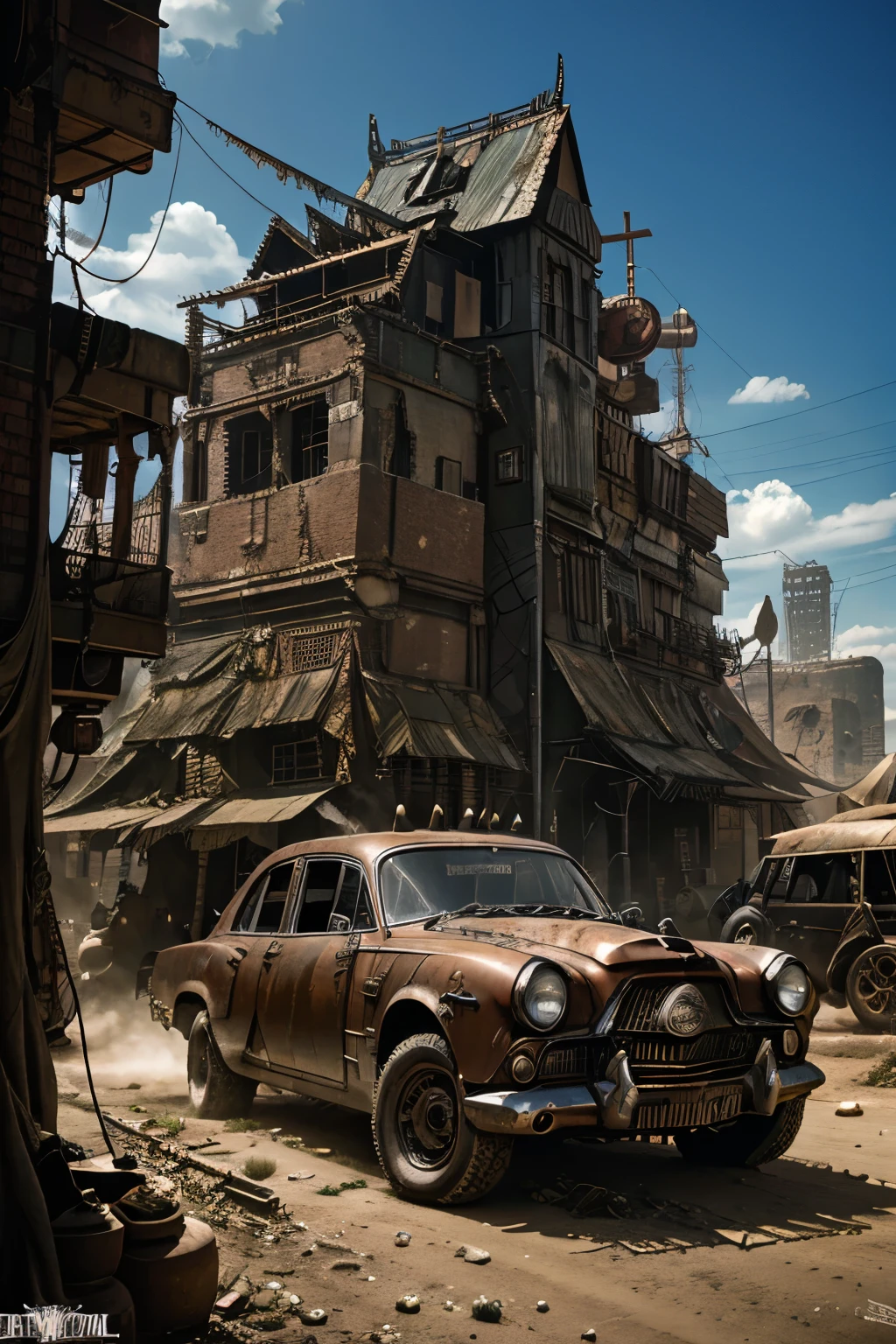 image fidèle d&#39;un vieux eldorado cadilac rouillé de 1955 avec des pointes et des pointes sur le capot, Voiture Steampunk, l&#39;art dramatique, style artistique dieselpunk, Ambiance apocalyptique Road Warrior, une fille à lunettes de soleil se tient dans la voiture, art numérique surréaliste, Mad Max inspiré, heavy art du métalwork, symétrie du visage chromé, art steampunk numérique, Il&#39;ce n&#39;est pas le style Mad Max, art du métal, Il&#39;ce n&#39;est pas Filip Hodas&#39; style artistique, art steampunk numérique, dieselpunk
