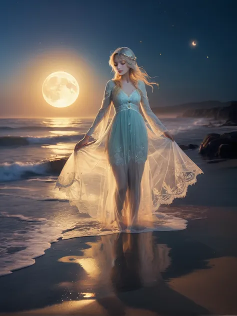 space sea maiden in a lace dress water drops dawn stars moon sun

