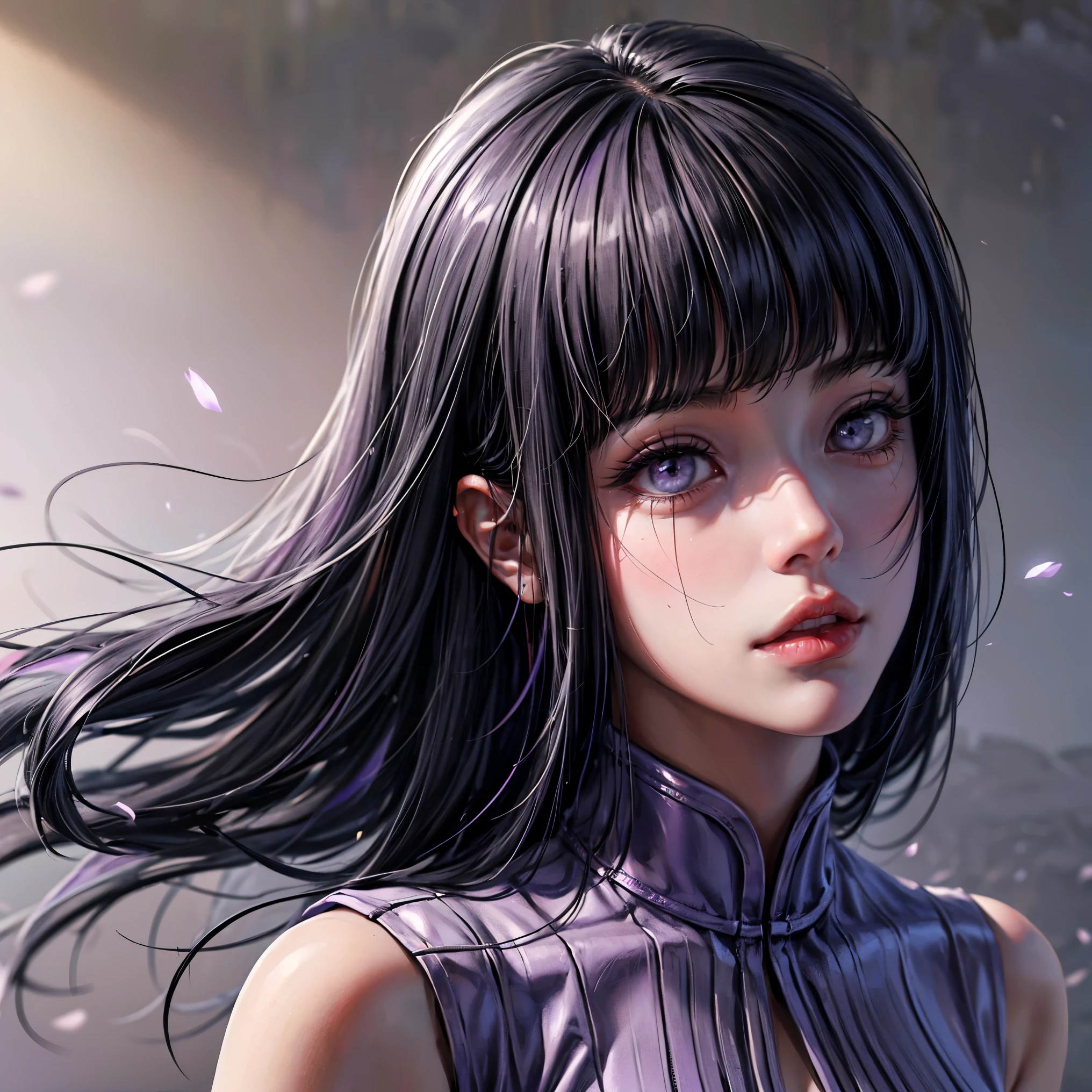 1girl, close up of face, adult, Hinata Hyuga, the last, shy girl, long black hair, blunt bangs, dark hair, Voluminous hair, lavender eyes, no pupils, Lavender Sleeveless Blouse, big breasts, slim waist, masterpiece, best quality, Professional, realistic.