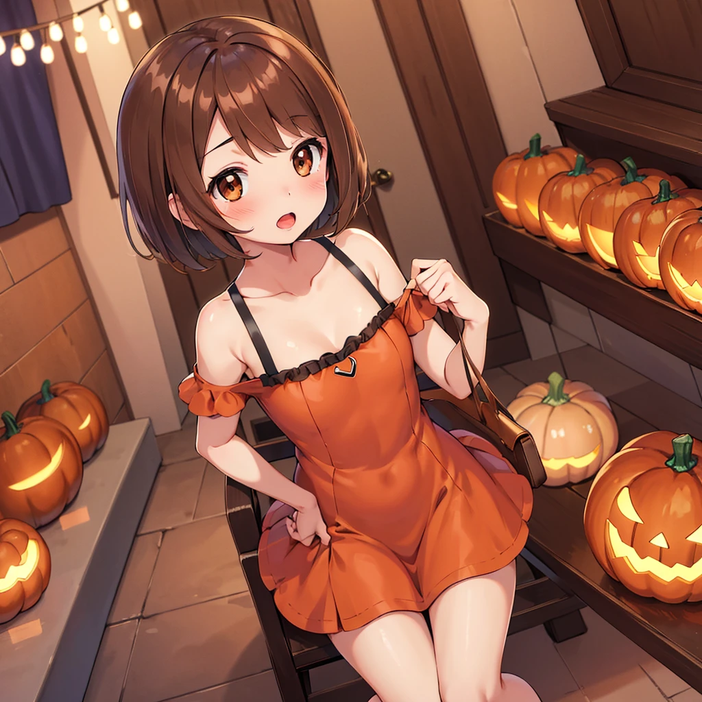 masterpiece, highest quality, High resolution, Gloria1, 1 Girl, Gloria\(Pokémon\), Brown Hair, , Brown Eyes, , Short Hair, , Bobcut, bangs, , 　１Describe a girl carefully　１Girl　Expression in love　blush　Open Mouth　blush　pumpkin　Pumpkin Dresses　Halloween　In town