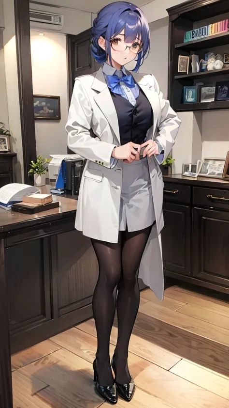 Misako, grey mini rock, white shirt, grey jacket, black stockings, high heels, adult, 35 years old, beautiful women, blue hair, ...