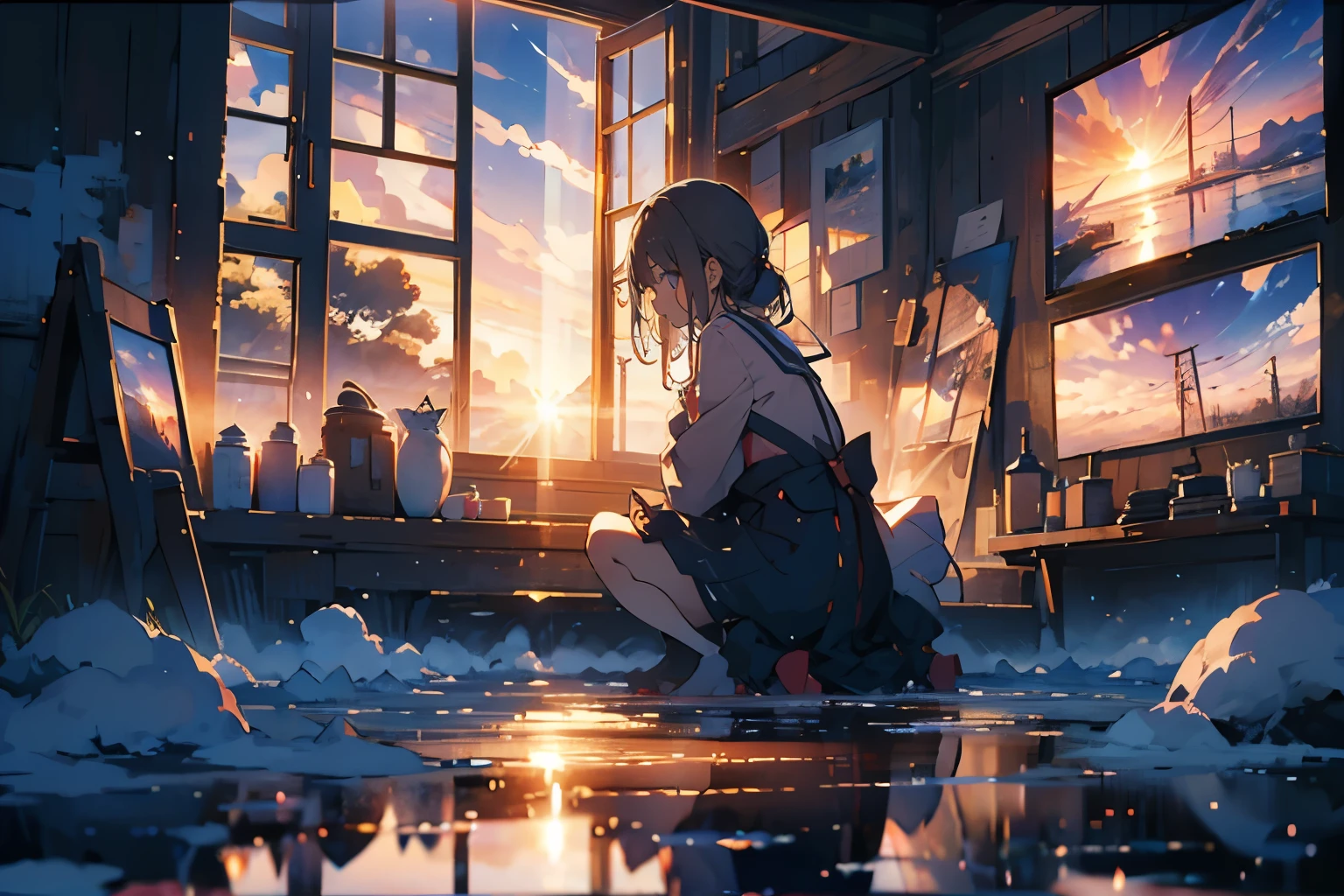 sunset, window,Sitting, girl, Large window, You can see the ocean from the window, I can see the horizon from the window, 