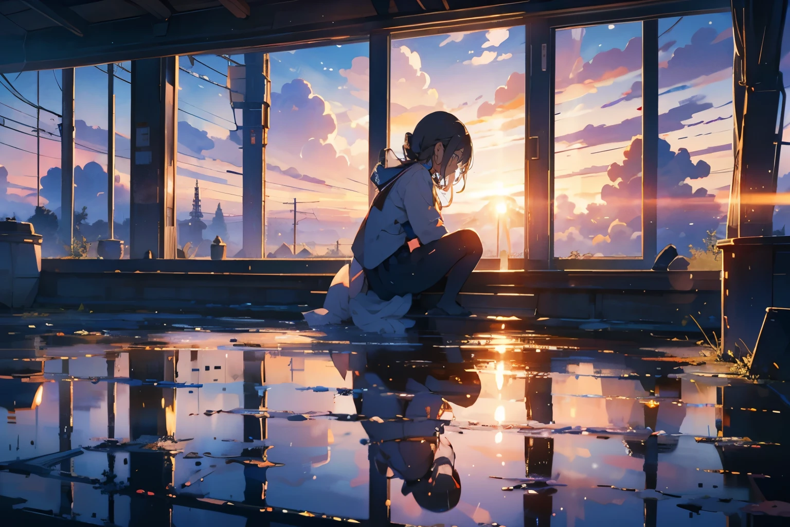 sunset, window,Sitting, girl, 大きなwindow, windowから海が見える, windowから地平線が見える, 