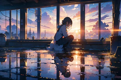 sunset, window,sitting, girl, 大きなwindow, windowから海が見える, windowから地平線が見える,