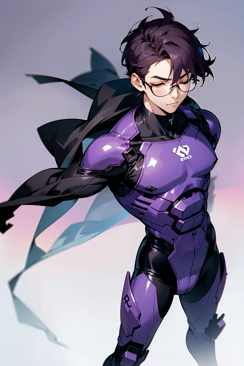 1male, Young Adult, Dark Violet Hair, Eyes Closed, Short Hair, Dojo Background, Slight Smile, Glasses, Standing In City, Detailed background, Black and White Combat Suit