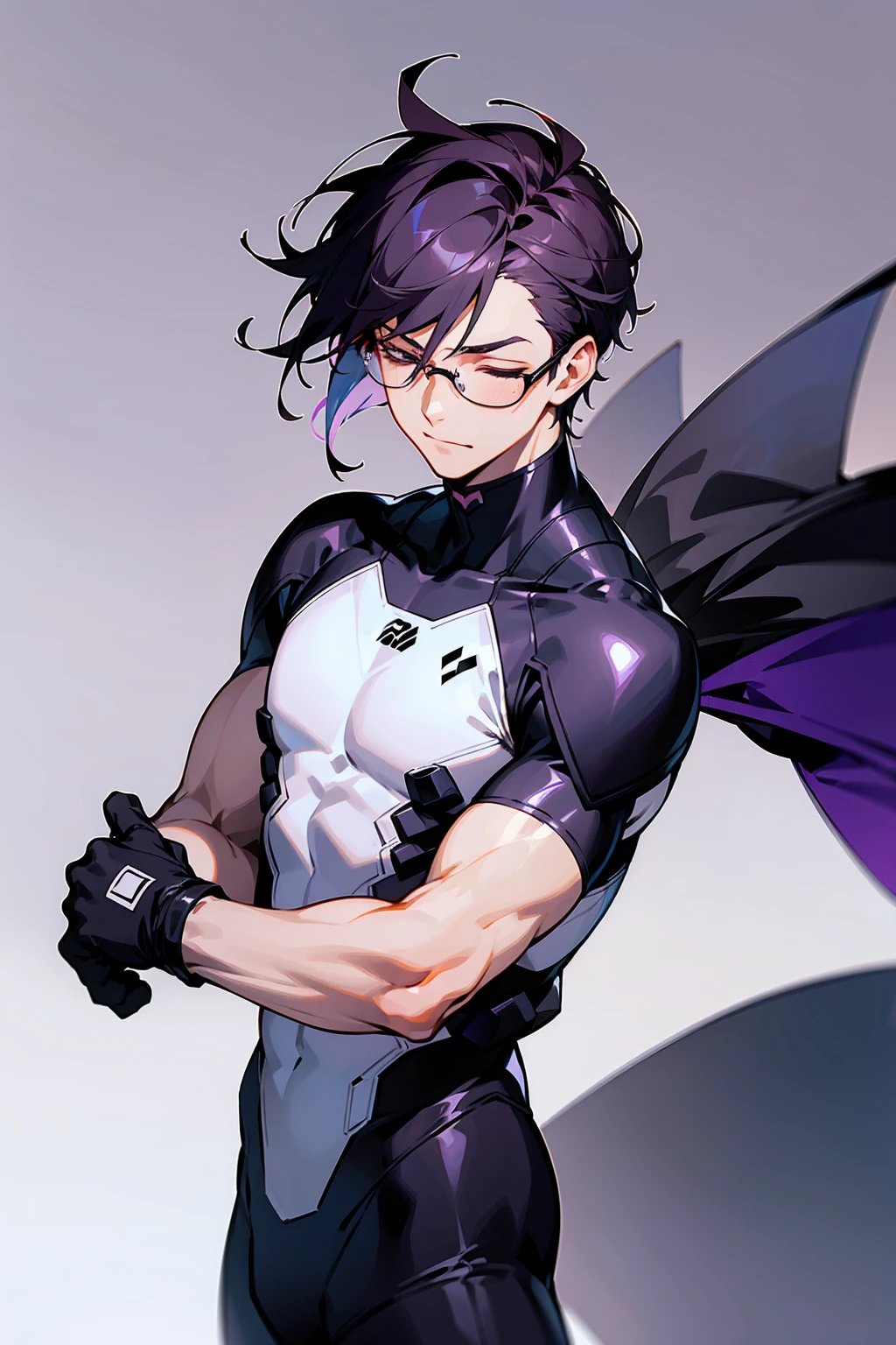 1male, Young Adult, Dark Violet Hair, Eyes Closed, Short Hair, Dojo Background, Slight Smile, Glasses, Standing In City, Detailed background, Black and White Combat Suit