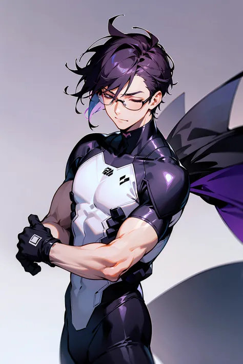 1male, young adult, dark violet hair, eyes closed, short hair, dojo background, slight smile, glasses, standing in city, detaile...